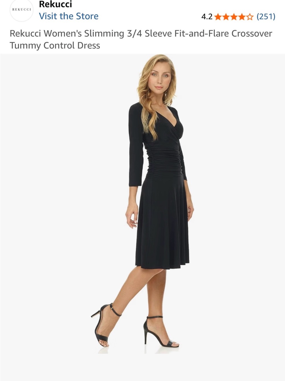 Rekucci Black 3/4 Sleeve Fit-and-Flare Crossover Dress